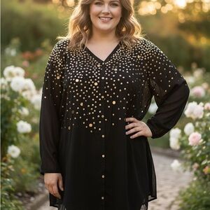 Roaman's Black Blouse with Gold Accents